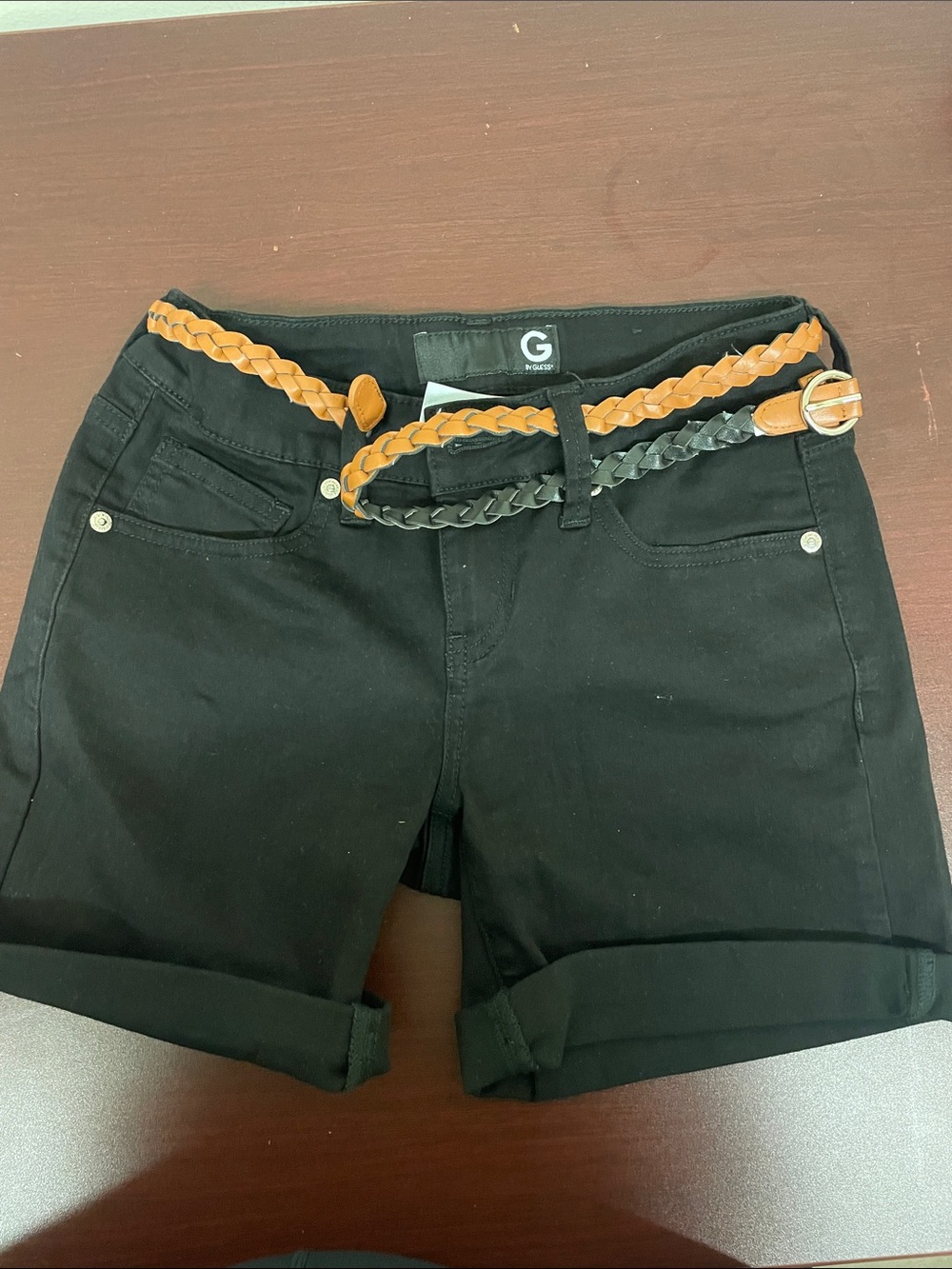 G by Guess Black Rolled-Hem Women's Shorts with Dual Braided Belt | Size: 24